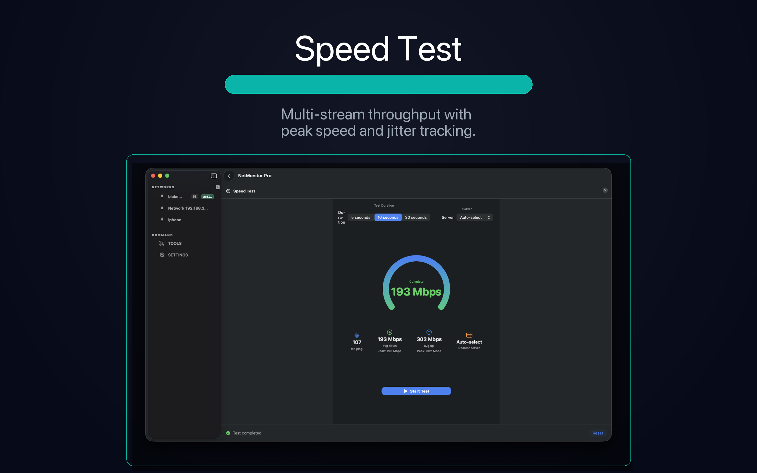 Speed Test — multi-stream throughput with jitter